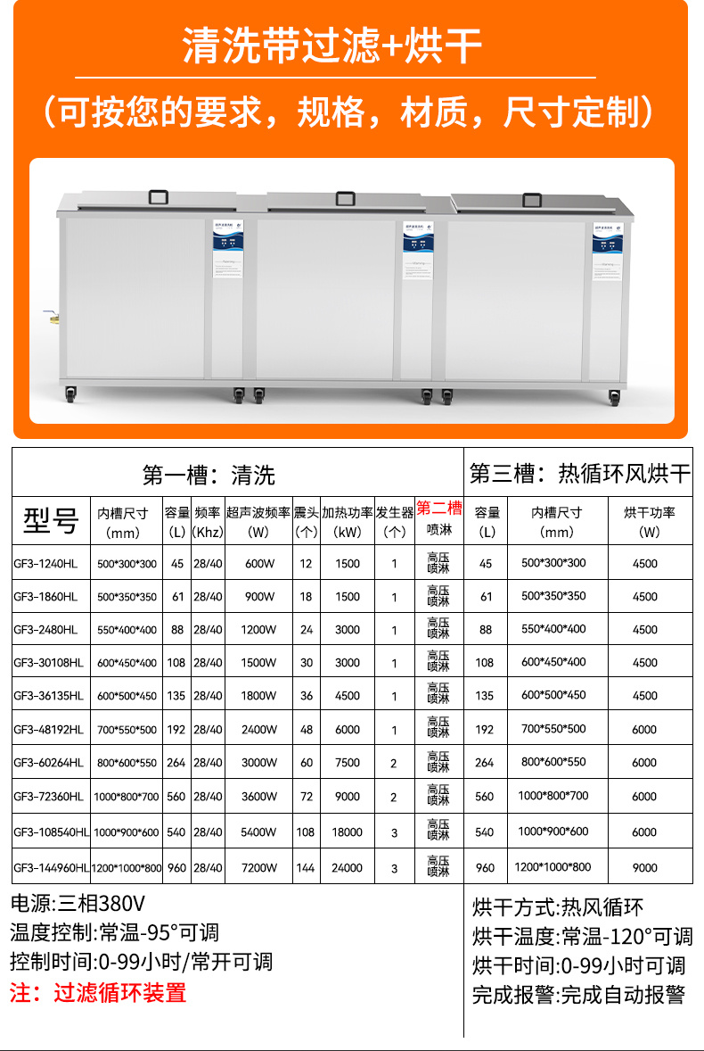 冠博仕GF30108HL三槽超聲波清洗機(jī) | 108L / 1500W | 工業(yè)級過濾漂洗烘干設(shè)備 | 五金模具汽修零件強(qiáng)力除油除銹清潔機(jī)
